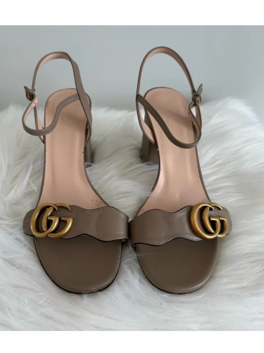 Gucci Marmont Taupe Leather Slingback Sandals with Gold Double G